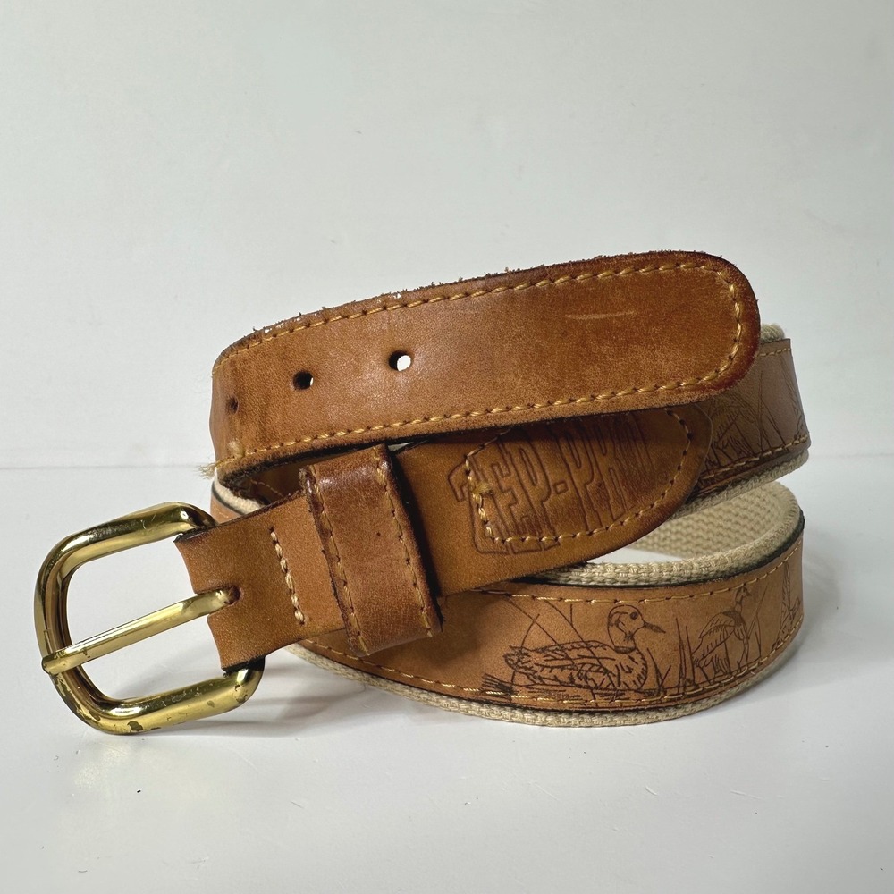 Zep-Pro Embroidered Mallard Duck Brown Belt Leather Canvas Brass Buckle Sz 38